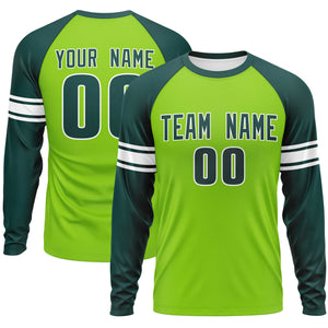 Custom Neon Green Midnight Green White Crew Neck Personalized Raglan Long Sleeve Performance T-shirt