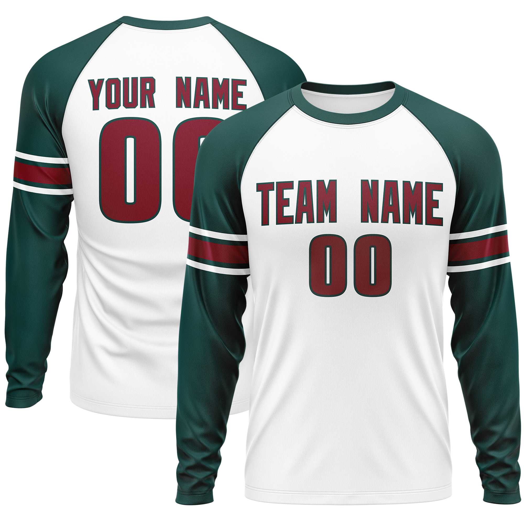 Custom White Midnight Green Crimson Crew Neck Personalized Raglan Long Sleeve Performance T-shirt