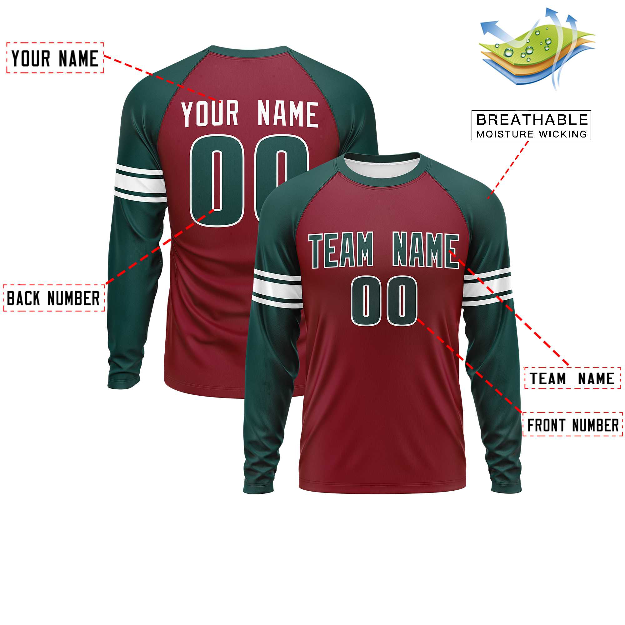 Custom Crimson Midnight Green White Crew Neck Personalized Raglan Long Sleeve Performance T-shirt