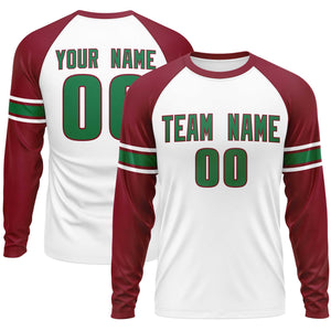 Custom White Crimson Kelly Green Crew Neck Personalized Raglan Long Sleeve Performance T-shirt