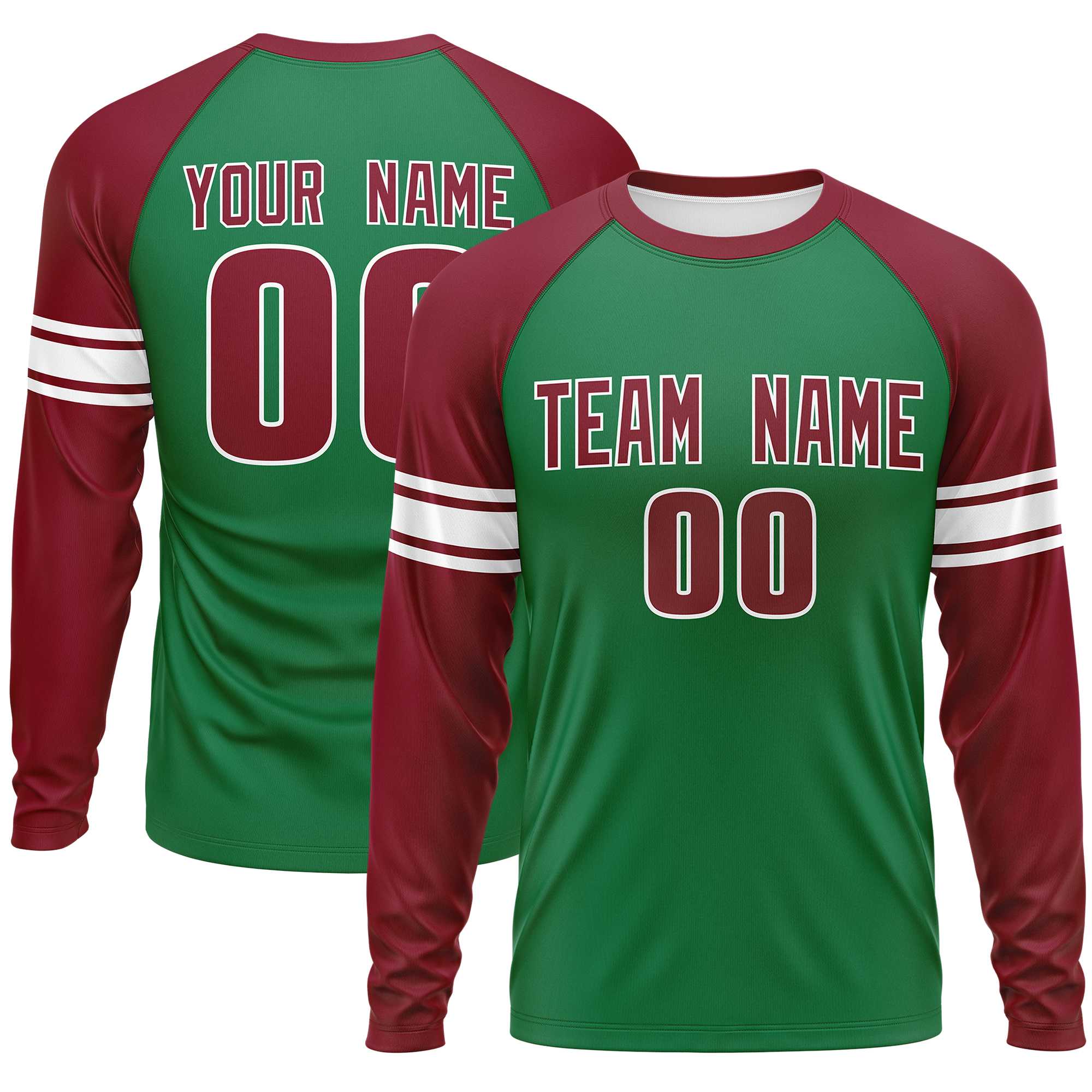 Custom Kelly Green Crimson White Crew Neck Personalized Raglan Long Sleeve Performance T-shirt