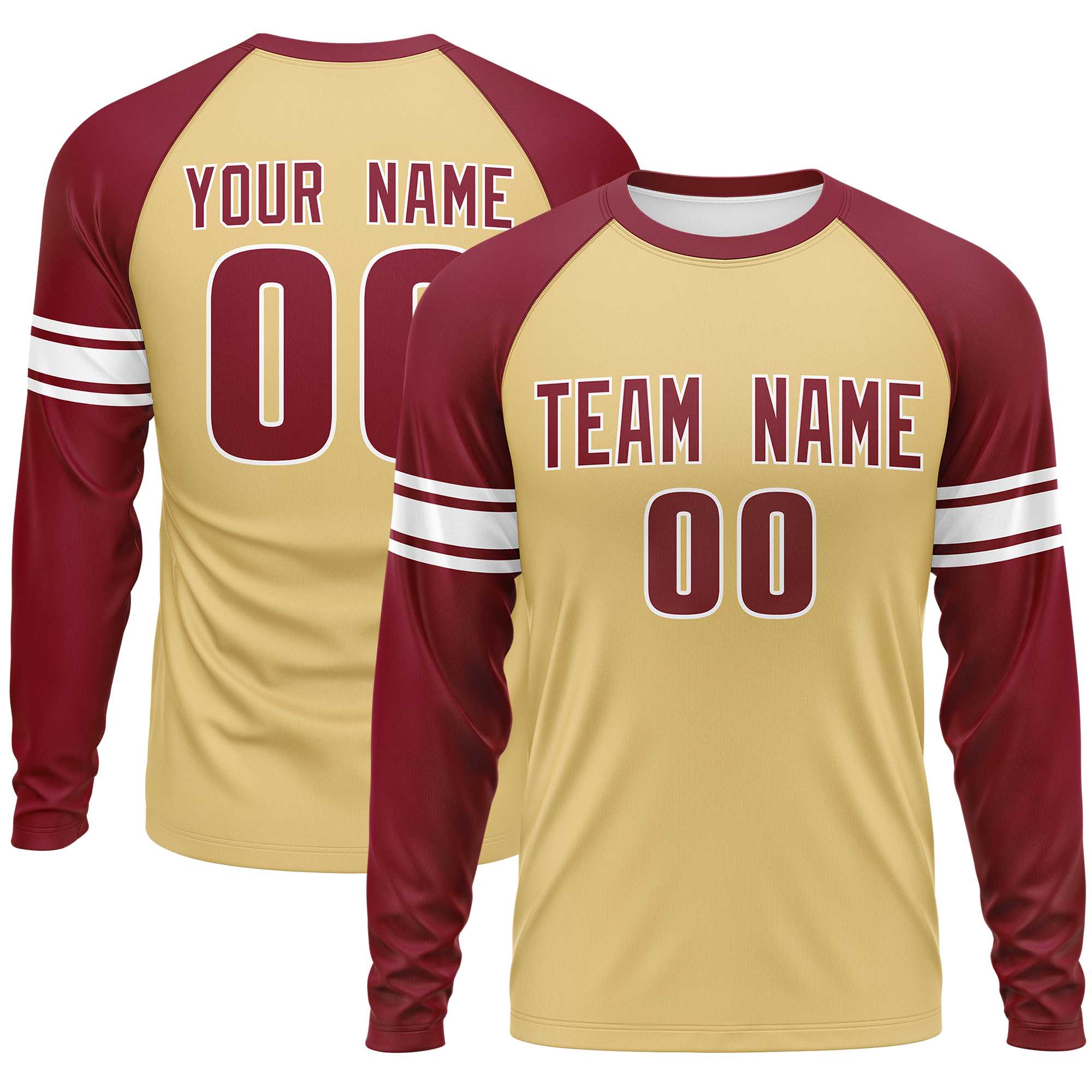 Custom Khaki Crimson White Crew Neck Personalized Raglan Long Sleeve Performance T-shirt