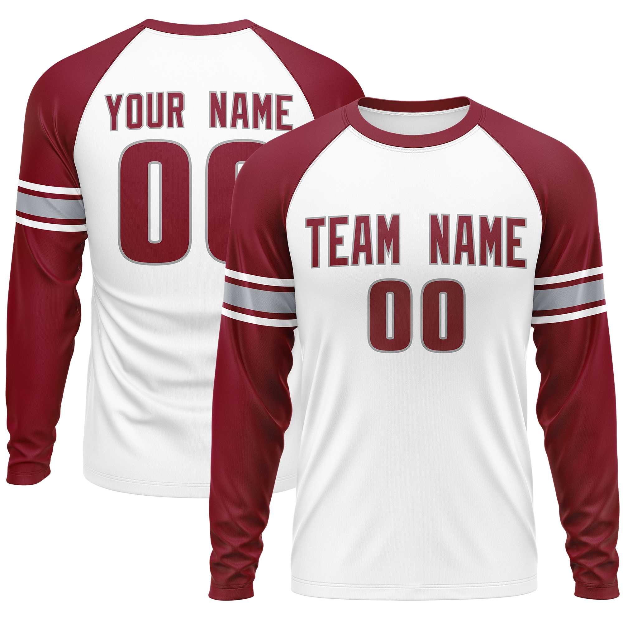 Custom White Crimson Gray Crew Neck Personalized Raglan Long Sleeve Performance T-shirt