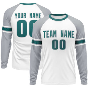 Custom White Gray Aqua Crew Neck Personalized Raglan Long Sleeve Performance T-shirt