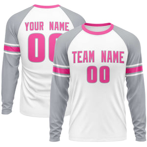 Custom White Gray Pink Crew Neck Personalized Raglan Long Sleeve Performance T-shirt