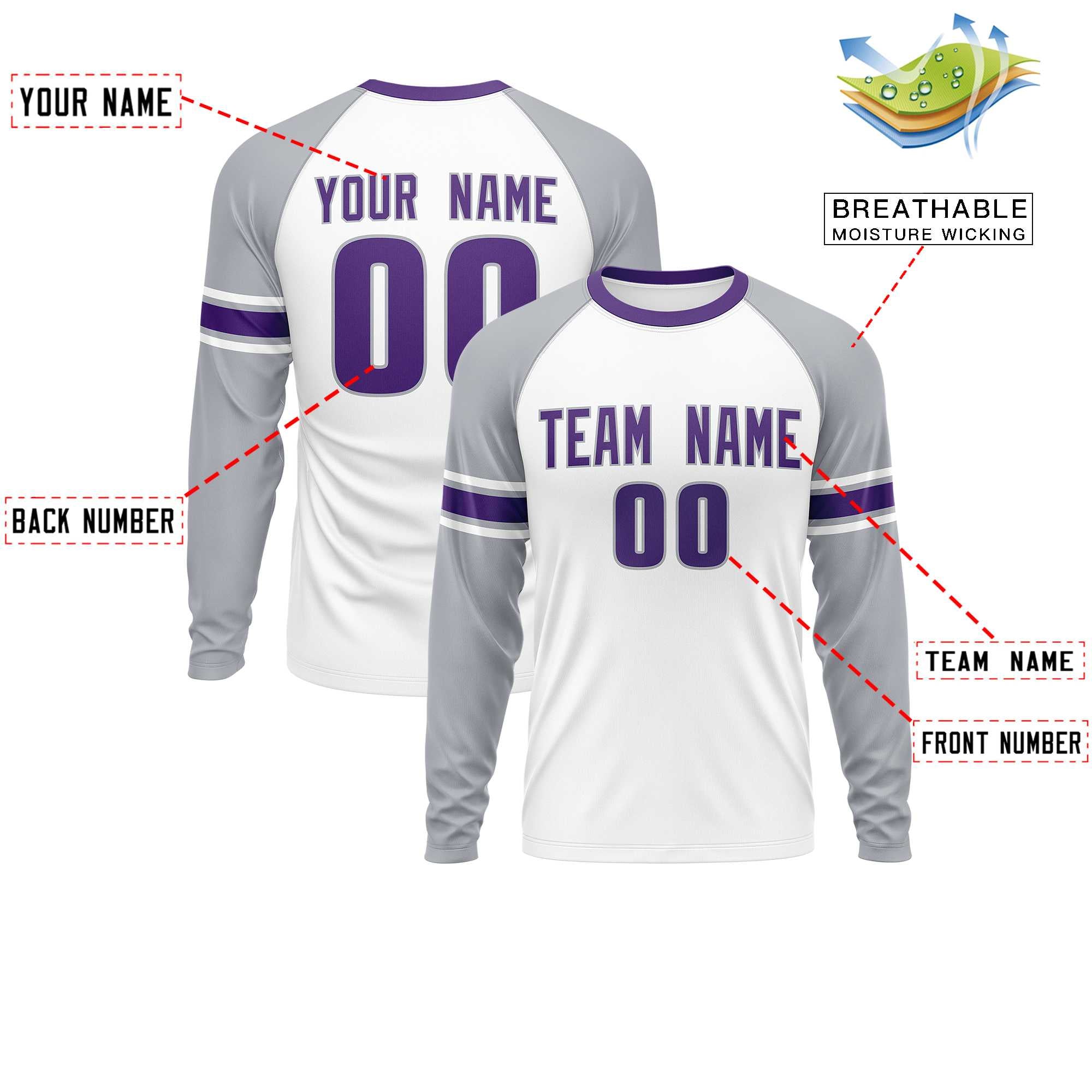 Custom White Gray Purple Crew Neck Personalized Raglan Long Sleeve Performance T-shirt