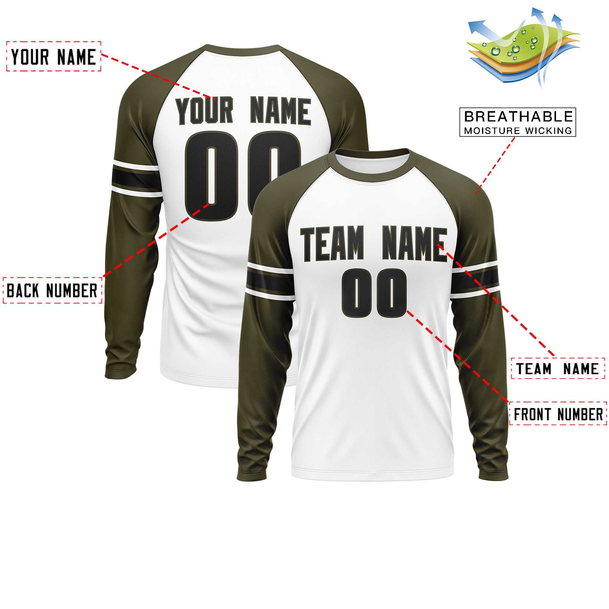 Custom White Olive Black Crew Neck Personalized Raglan Long Sleeve Performance T-shirt