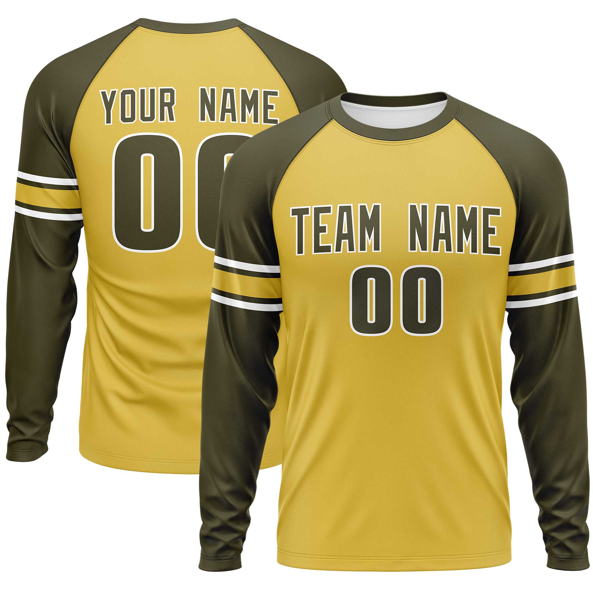 Custom Old Gold Olive White Crew Neck Personalized Raglan Long Sleeve Performance T-shirt