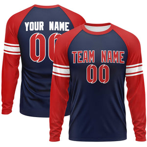 Custom Navy Red White Crew Neck Personalized Raglan Long Sleeve Performance T-shirt