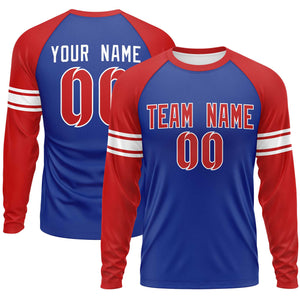 Custom Royal Red White Crew Neck Personalized Raglan Long Sleeve Performance T-shirt