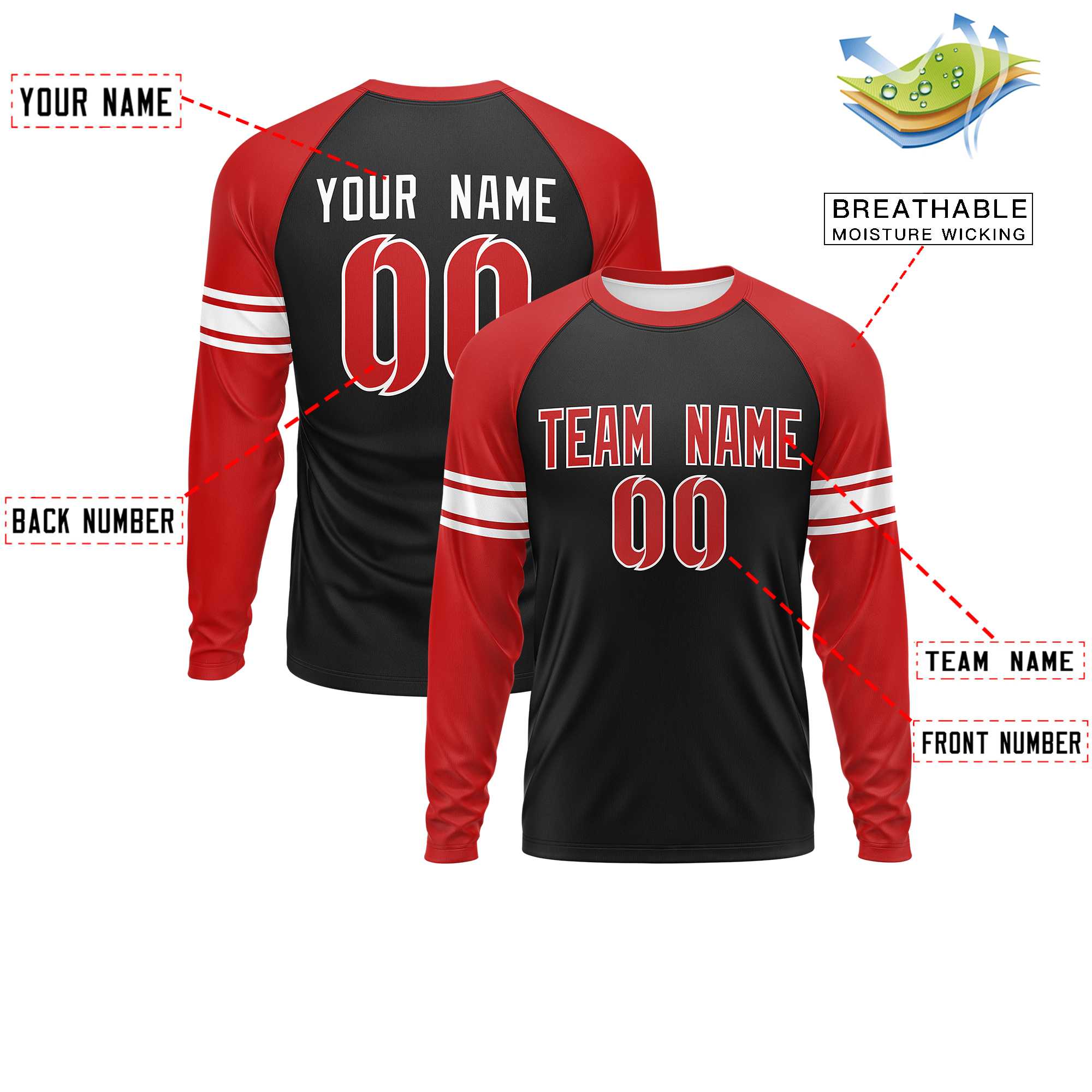 Custom Black Red White Crew Neck Personalized Raglan Long Sleeve Performance T-shirt