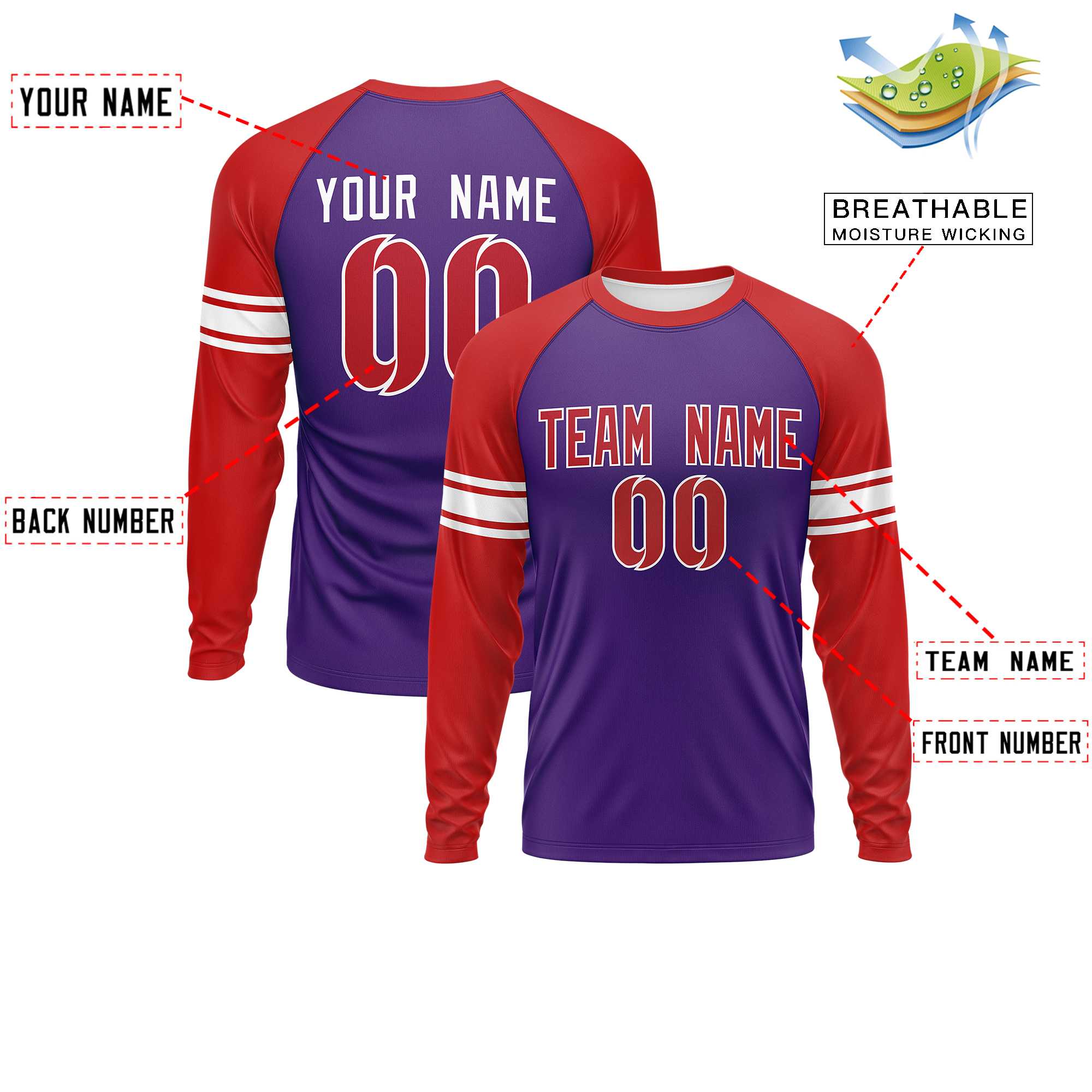 Custom Purple Red White Crew Neck Personalized Raglan Long Sleeve Performance T-shirt