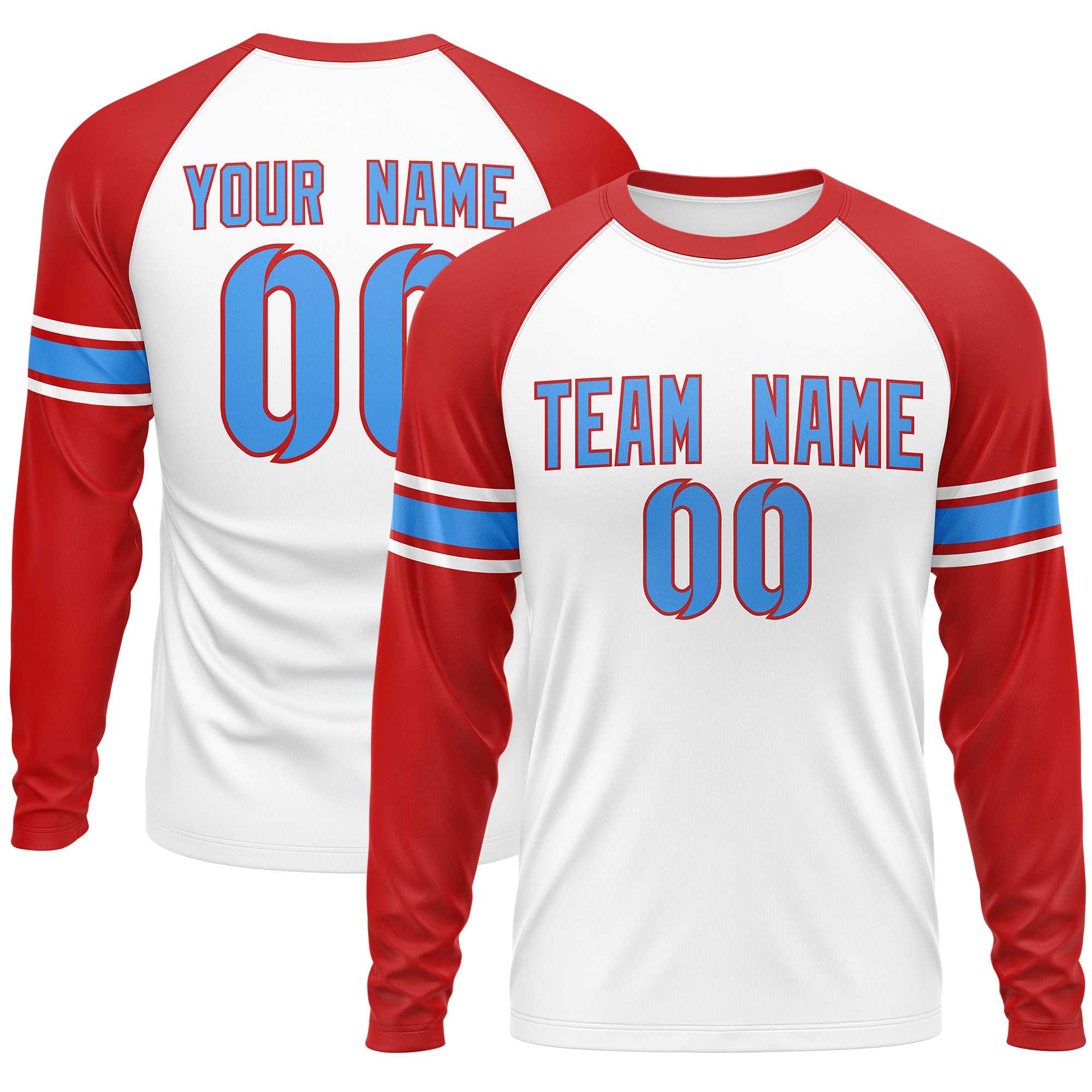 Custom White Red Powder Blue Crew Neck Personalized Raglan Long Sleeve Performance T-shirt