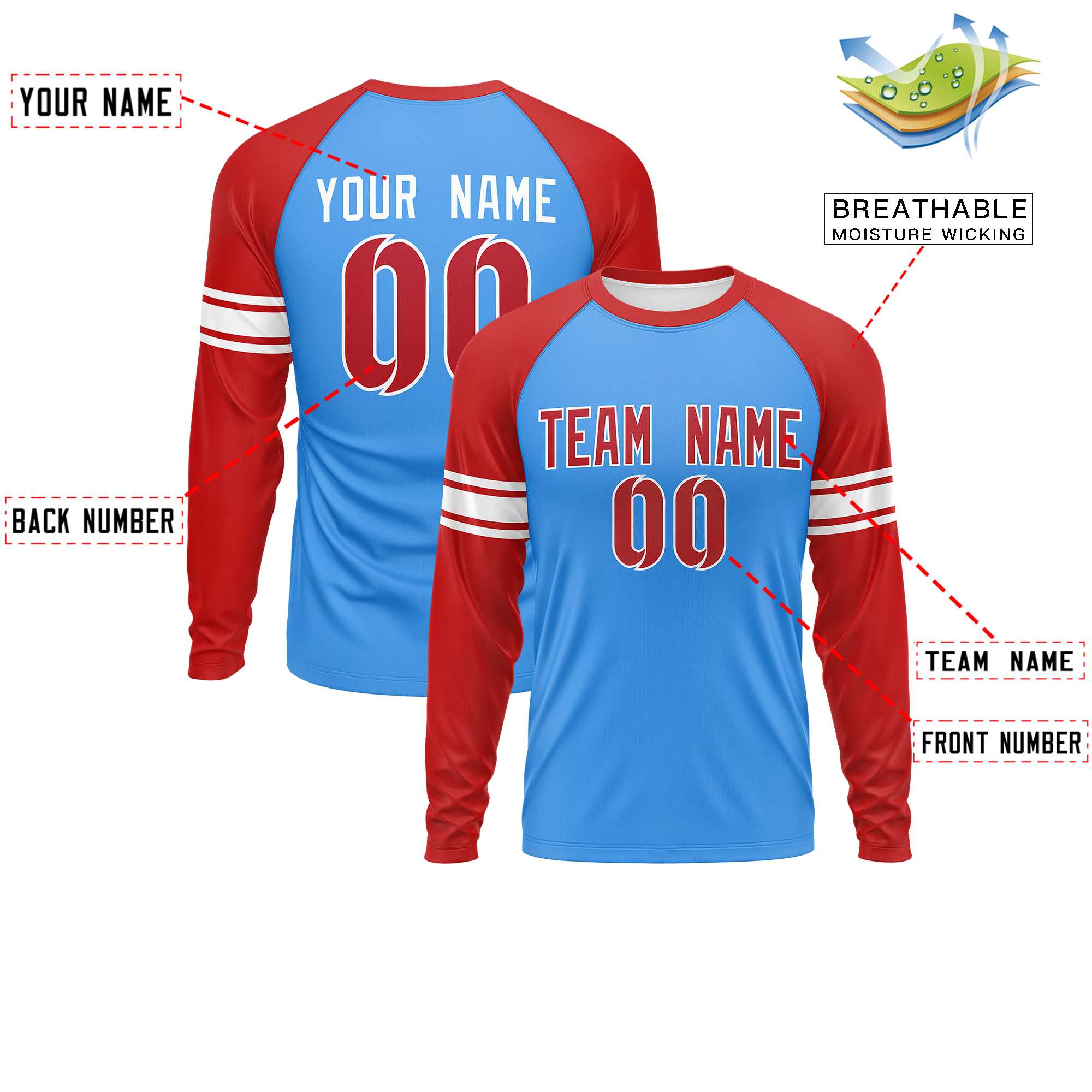 Custom Powder Blue Red White Crew Neck Personalized Raglan Long Sleeve Performance T-shirt