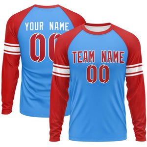 Custom Powder Blue Red White Crew Neck Personalized Raglan Long Sleeve Performance T-shirt