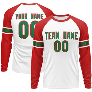 Custom White Red Kelly Green Crew Neck Personalized Raglan Long Sleeve Performance T-shirt