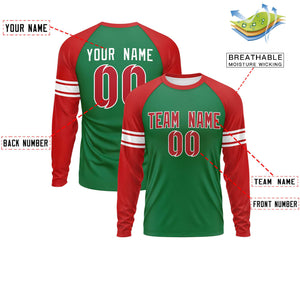 Custom Kelly Green Red White Crew Neck Personalized Raglan Long Sleeve Performance T-shirt