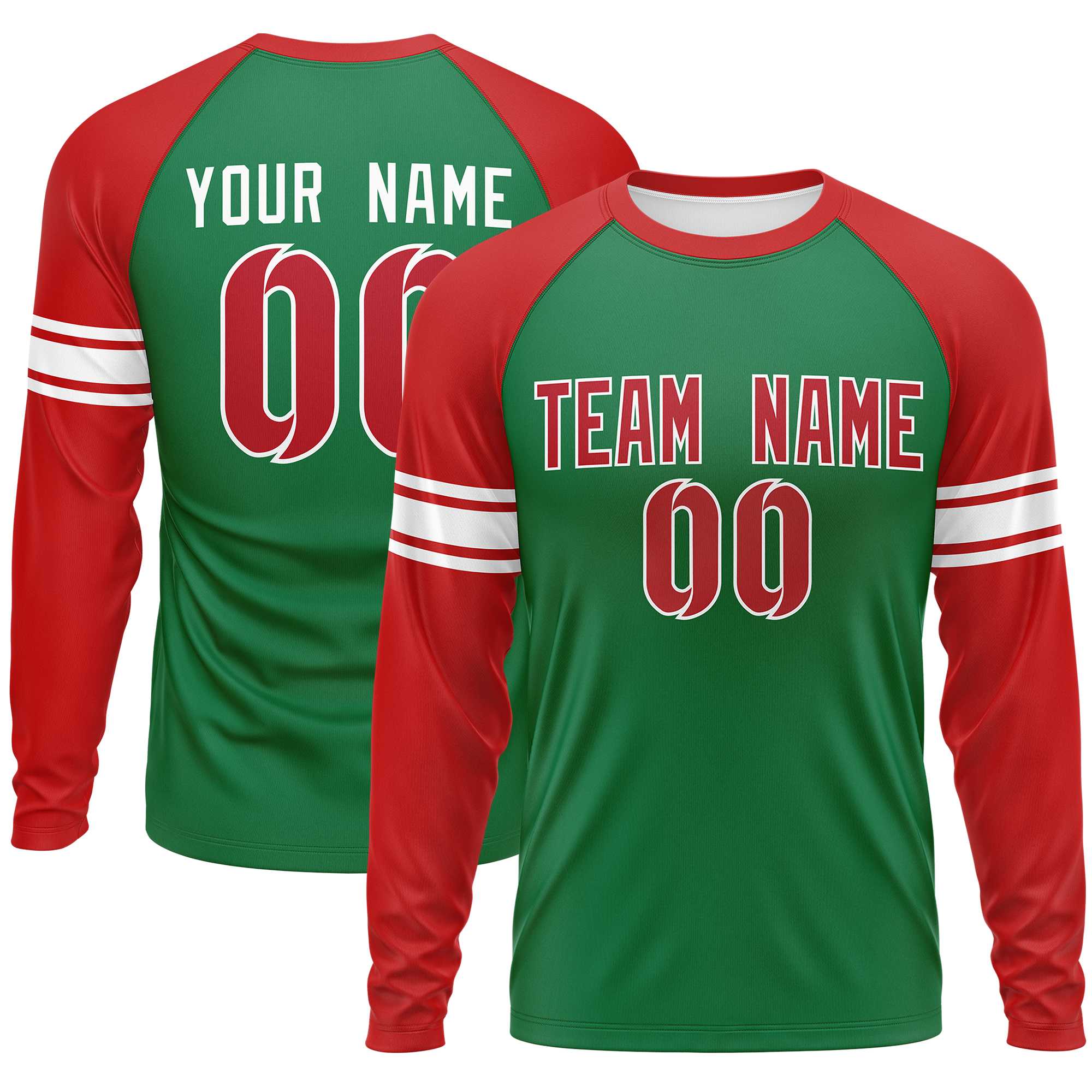 Custom Kelly Green Red White Crew Neck Personalized Raglan Long Sleeve Performance T-shirt