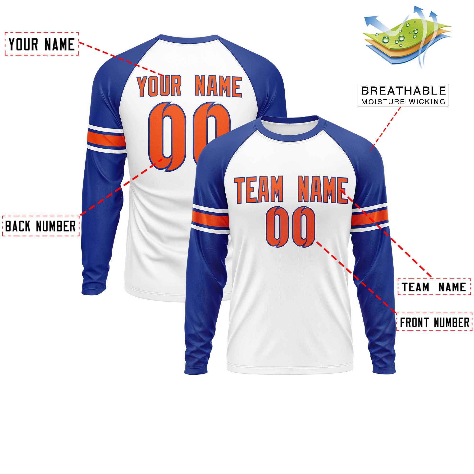 Custom White Royal Orange Crew Neck Personalized Raglan Long Sleeve Performance T-shirt