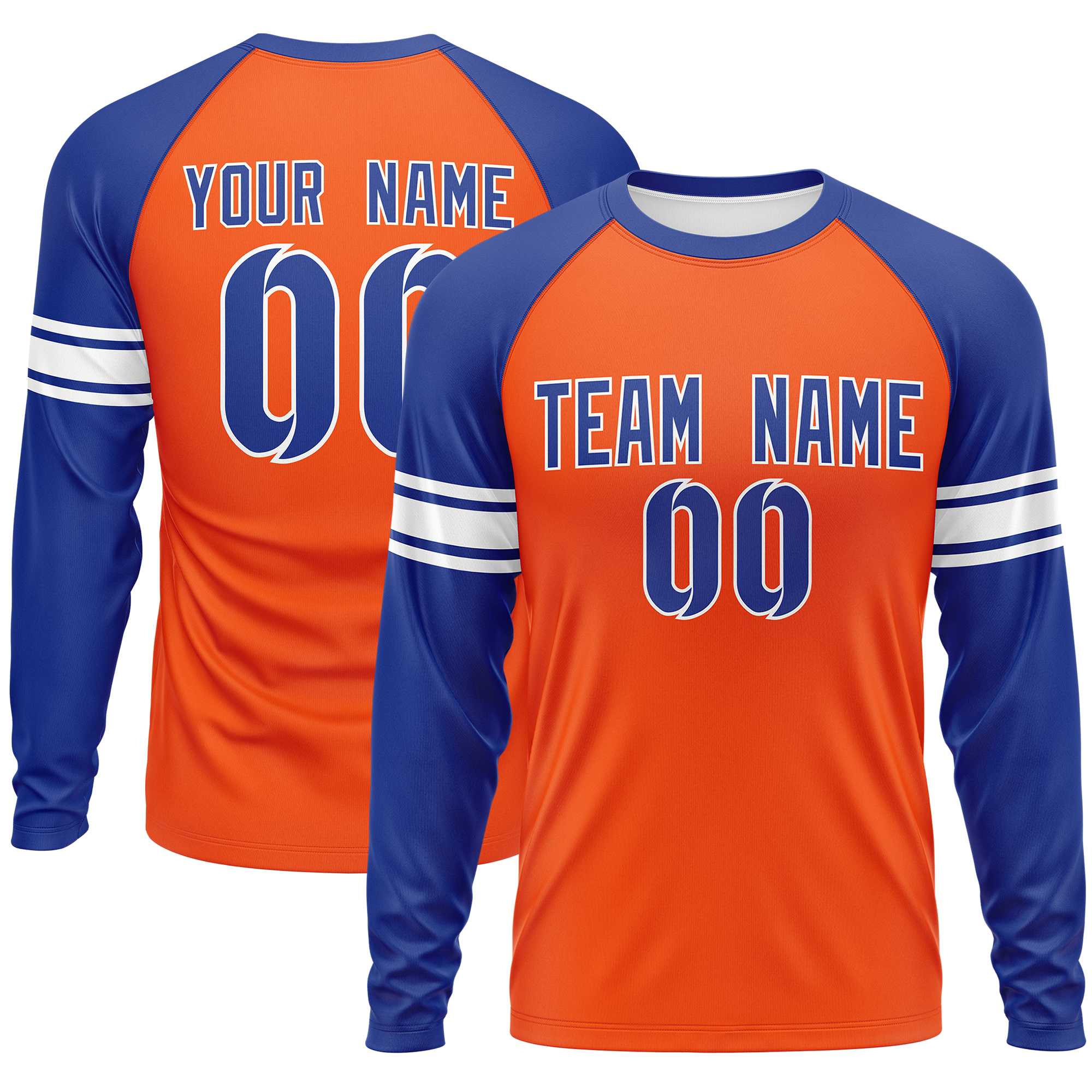 Custom Orange Royal White Crew Neck Personalized Raglan Long Sleeve Performance T-shirt