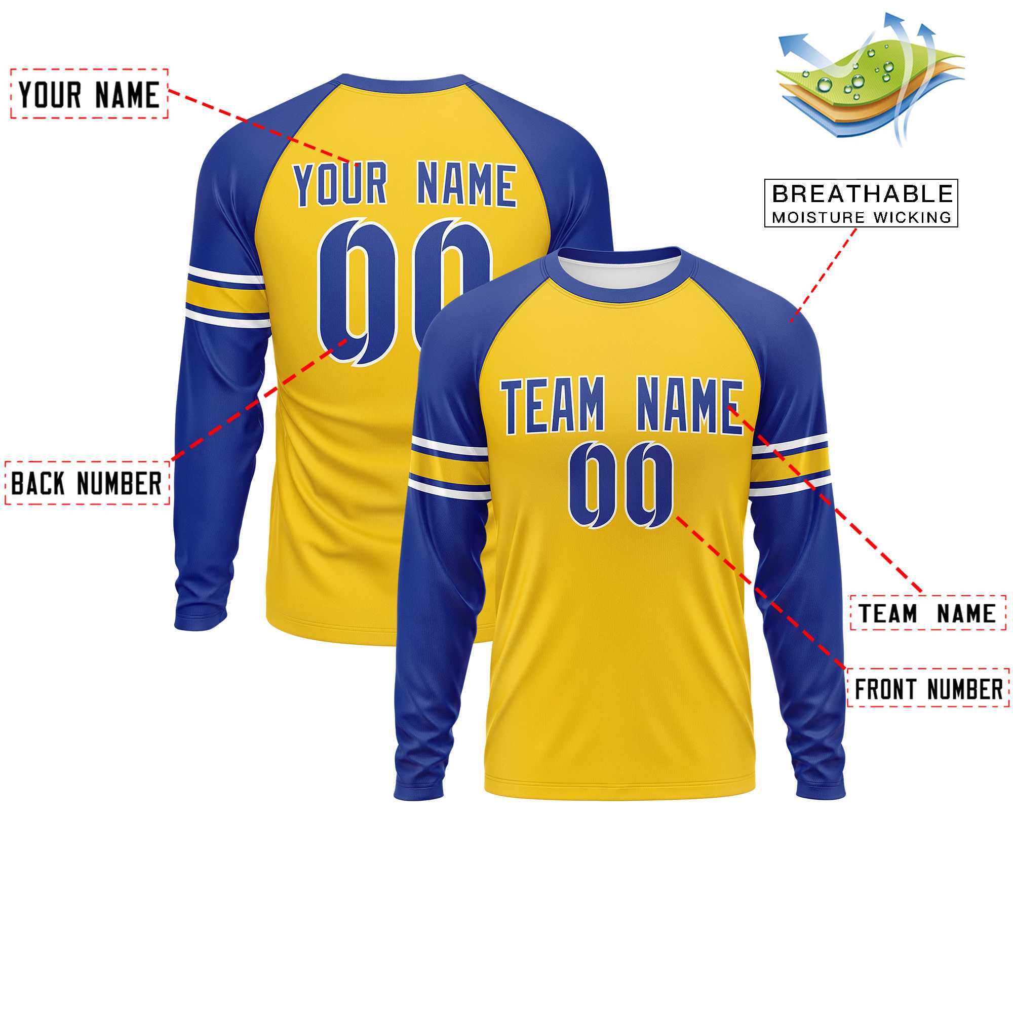 Custom Gold Royal Gold Crew Neck Personalized Raglan Long Sleeve Performance T-shirt