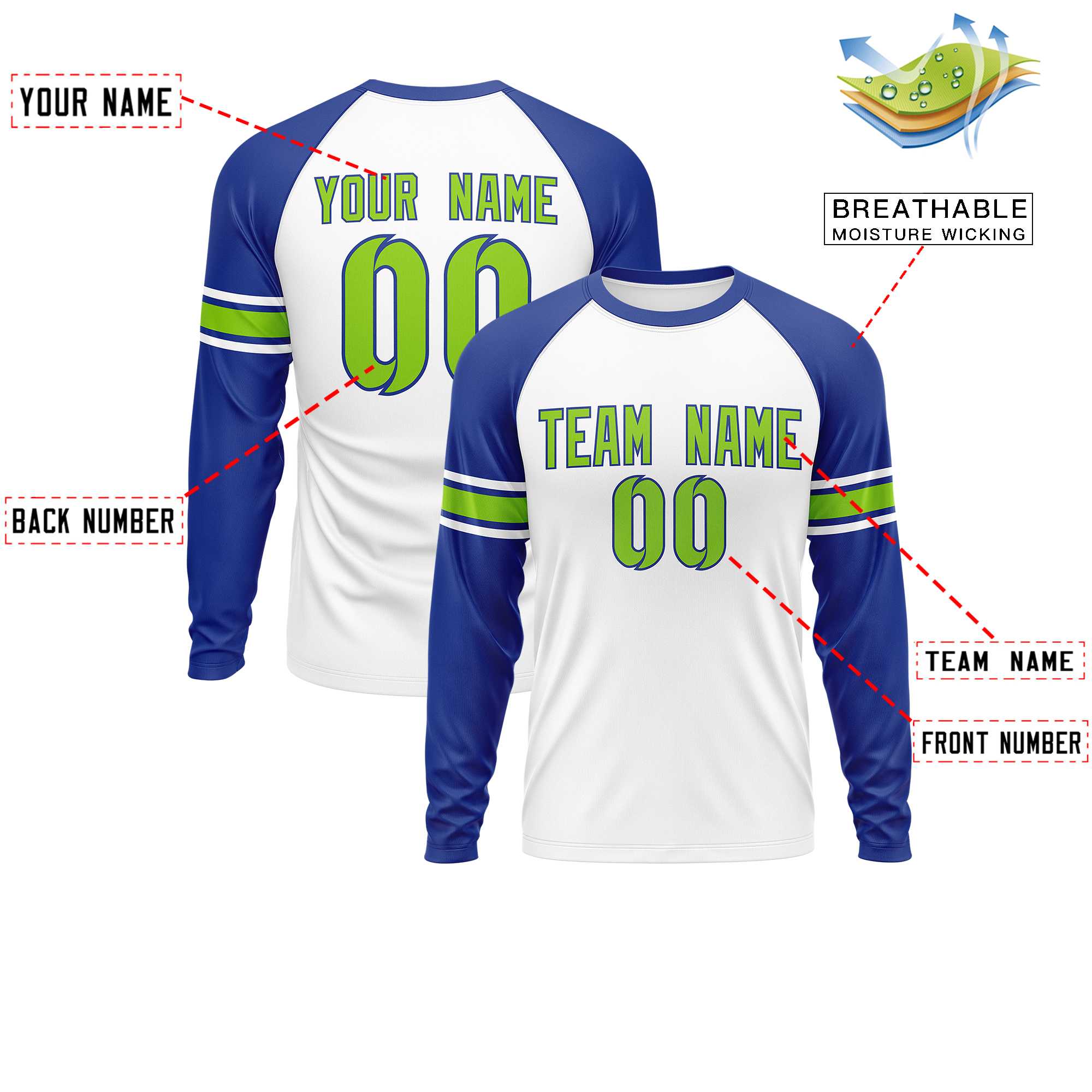 Custom White Royal Neon Green Crew Neck Personalized Raglan Long Sleeve Performance T-shirt