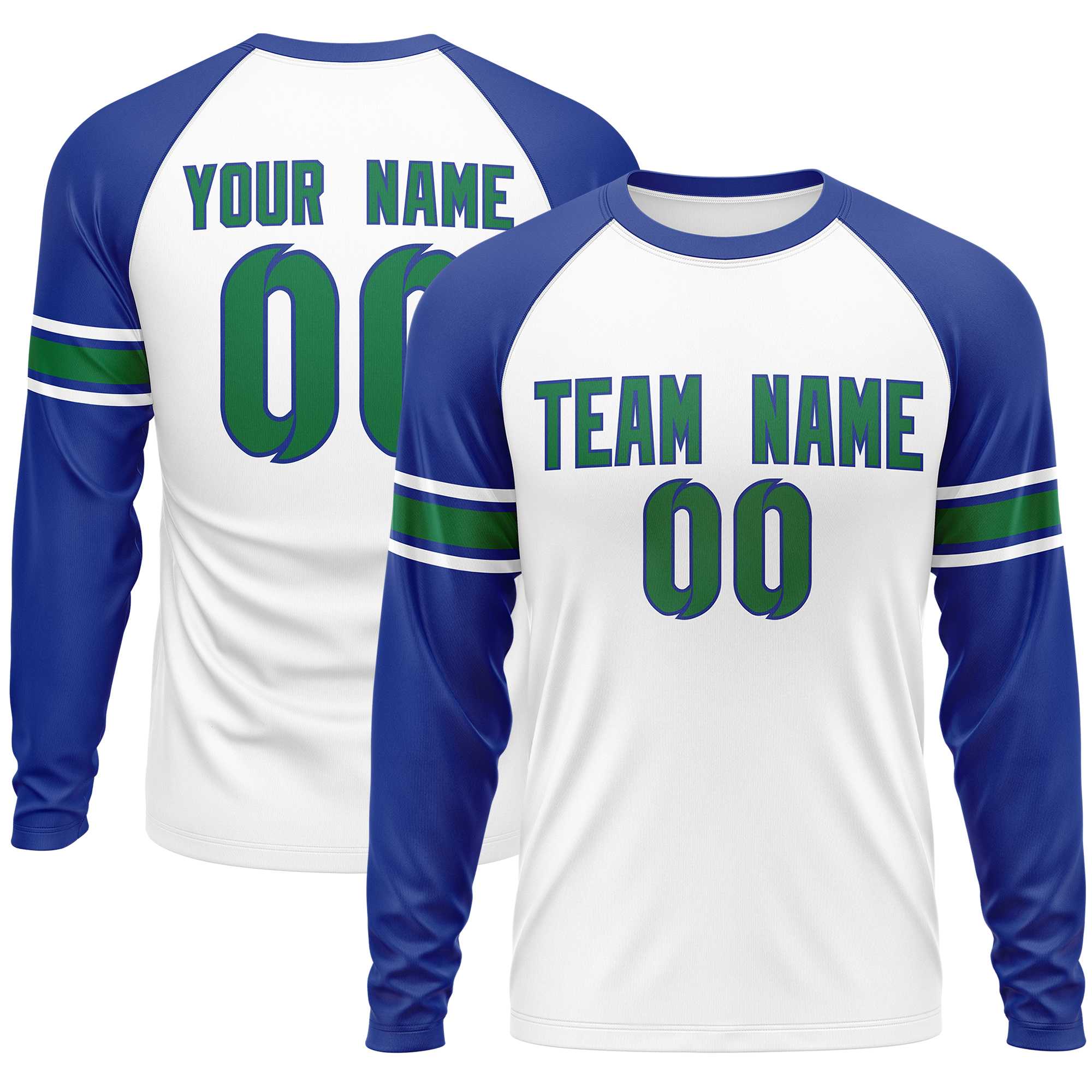 Custom White Royal Kelly Green Crew Neck Personalized Raglan Long Sleeve Performance T-shirt