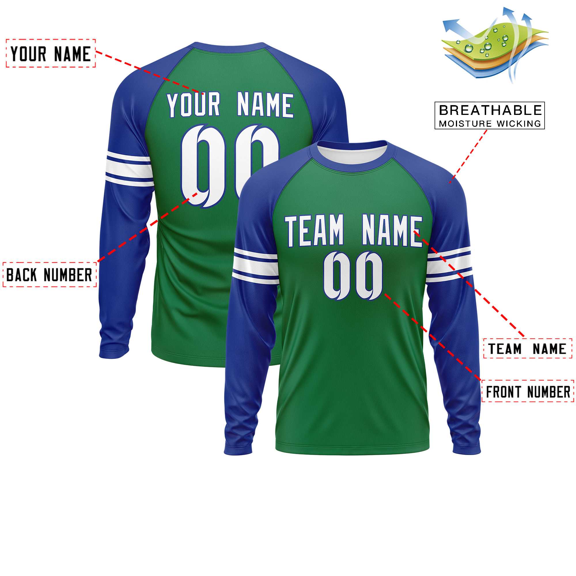 Custom Kelly Green Royal White Crew Neck Personalized Raglan Long Sleeve Performance T-shirt