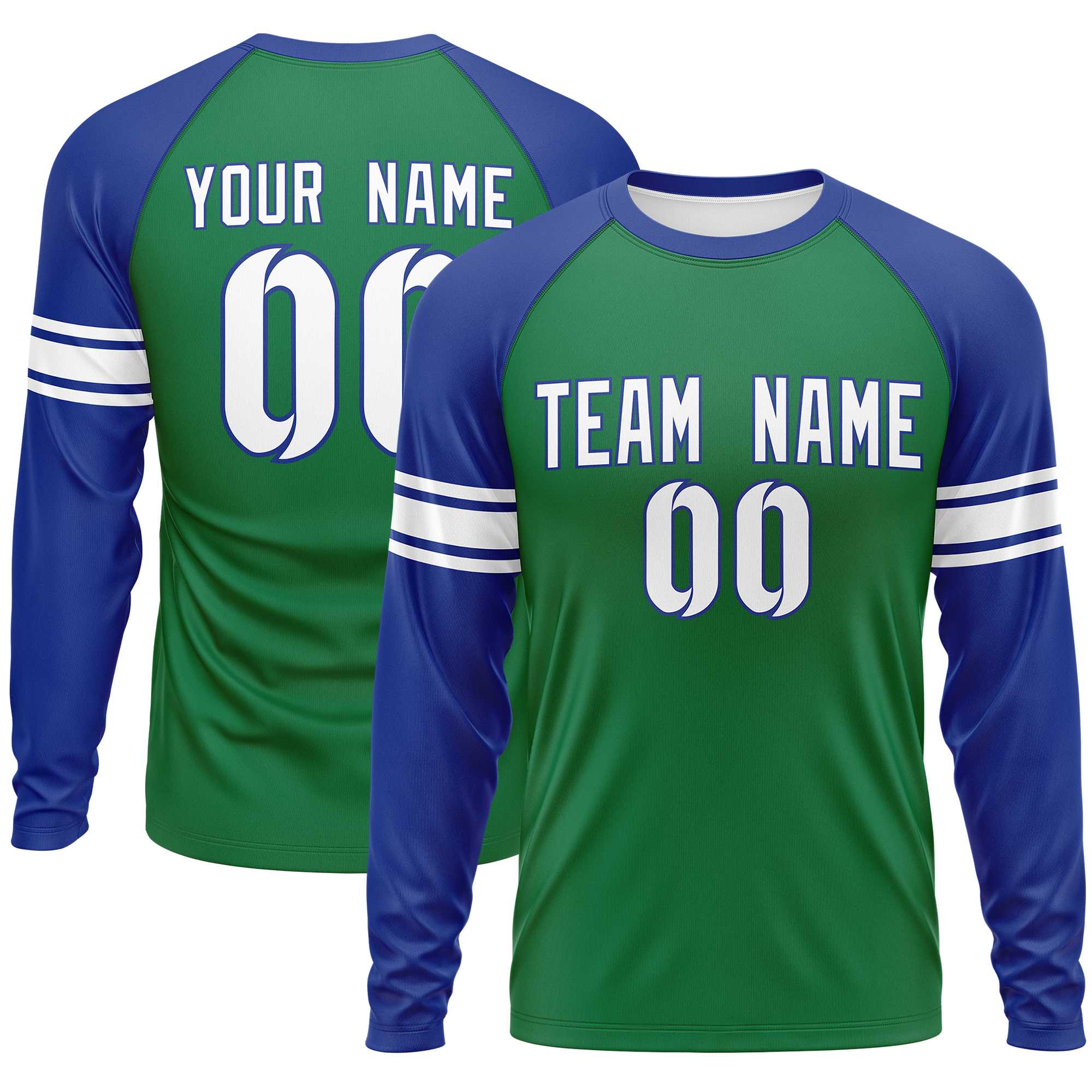 Custom Kelly Green Royal White Crew Neck Personalized Raglan Long Sleeve Performance T-shirt