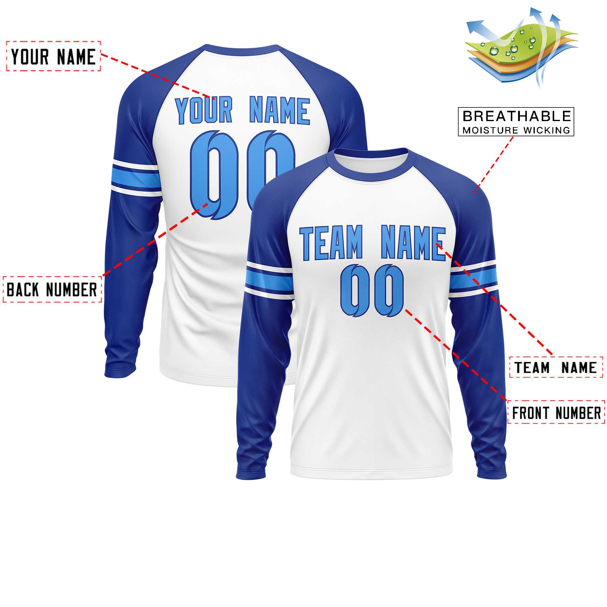 Custom White Royal Powder Blue Crew Neck Personalized Raglan Long Sleeve Performance T-shirt