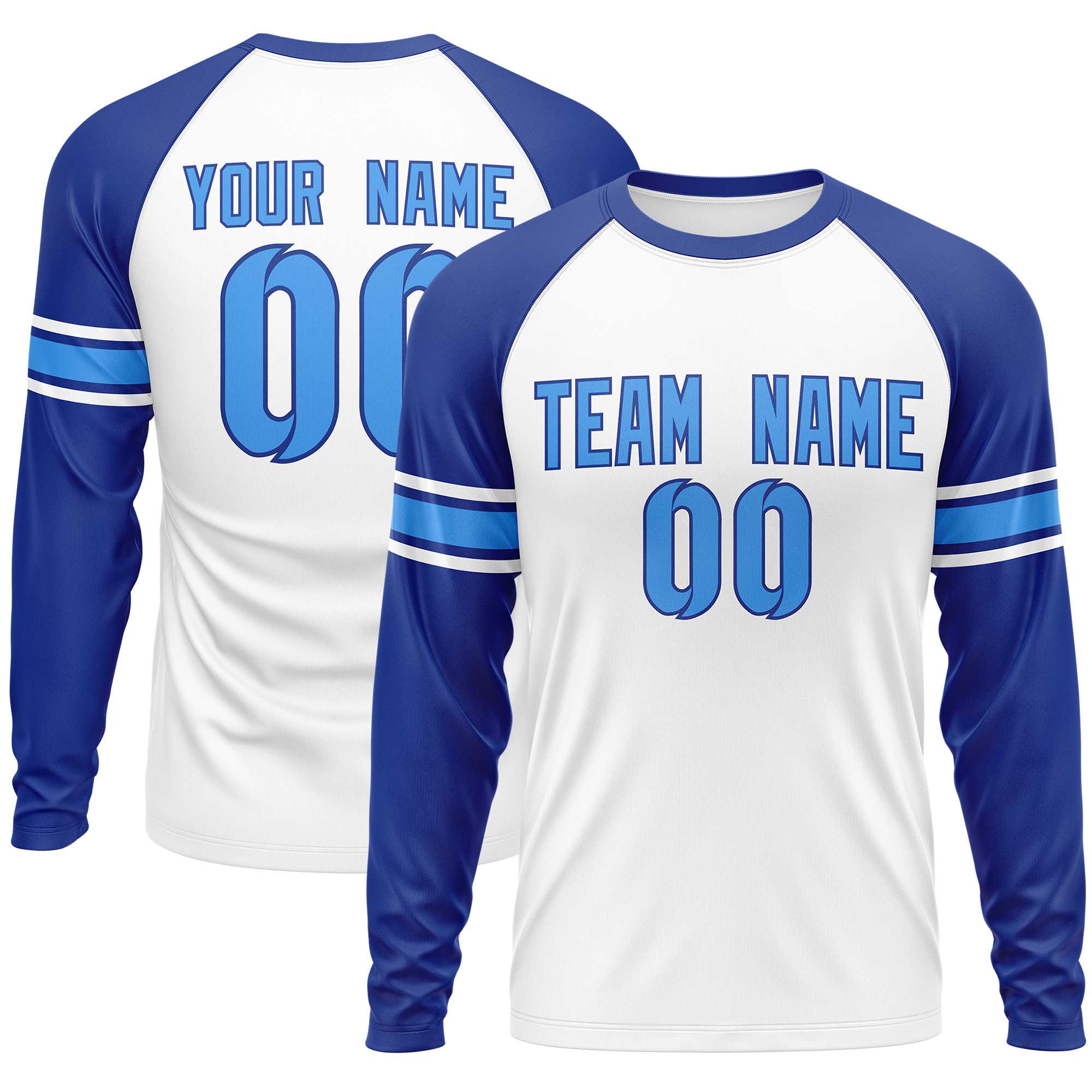 Custom White Royal Powder Blue Crew Neck Personalized Raglan Long Sleeve Performance T-shirt