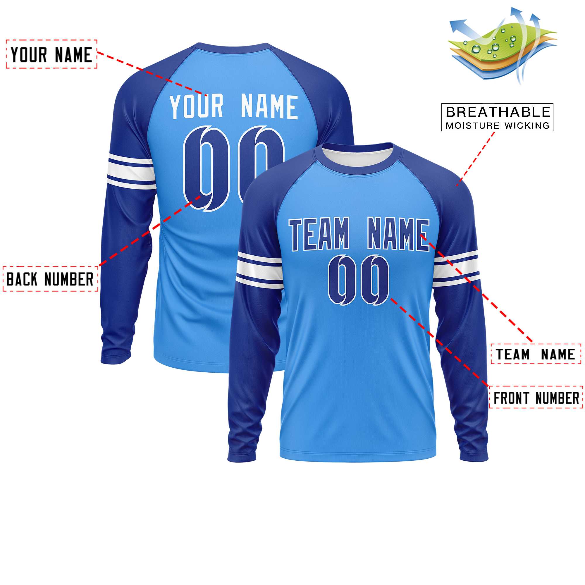 Custom Powder Blue Royal White Crew Neck Personalized Raglan Long Sleeve Performance T-shirt