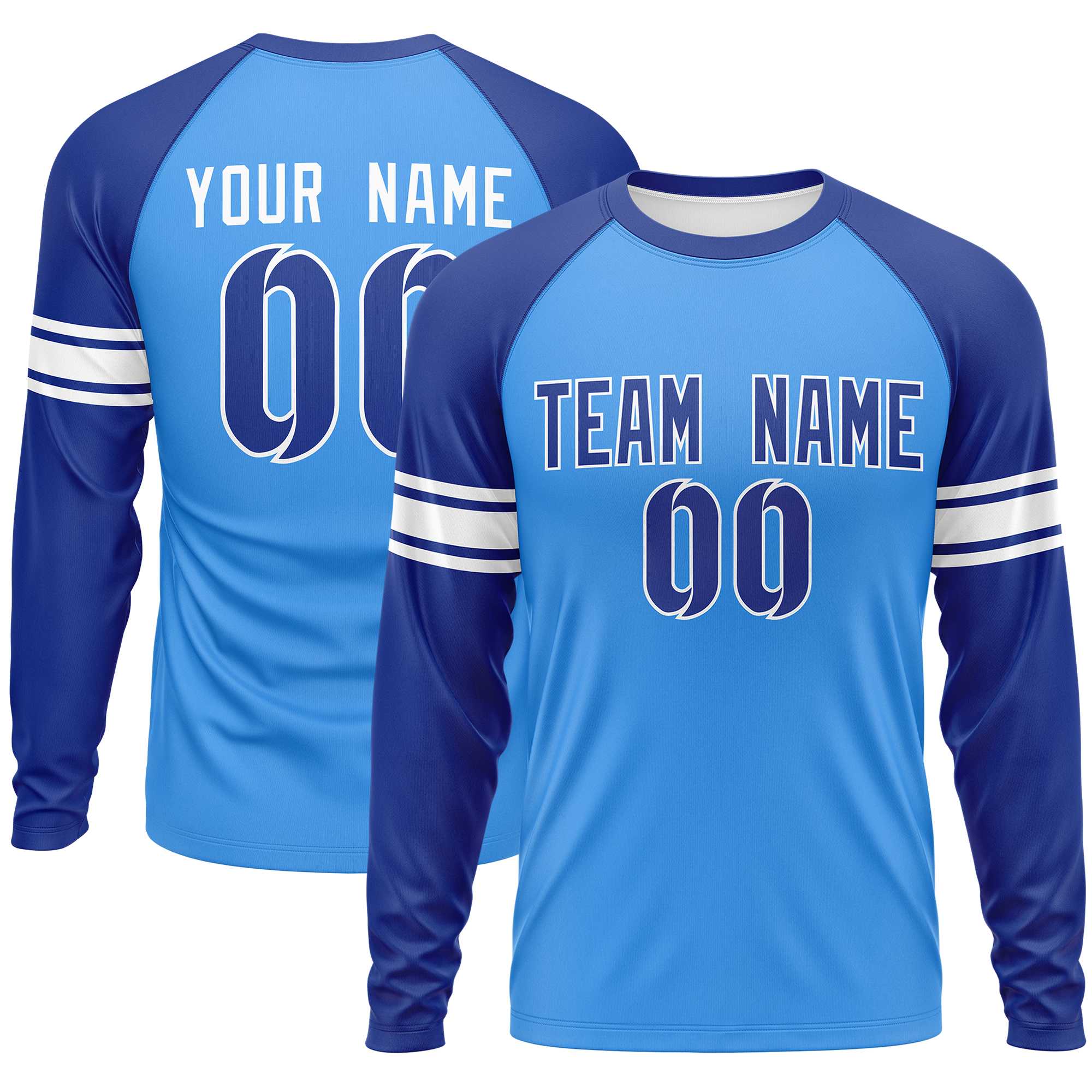 Custom Powder Blue Royal White Crew Neck Personalized Raglan Long Sleeve Performance T-shirt