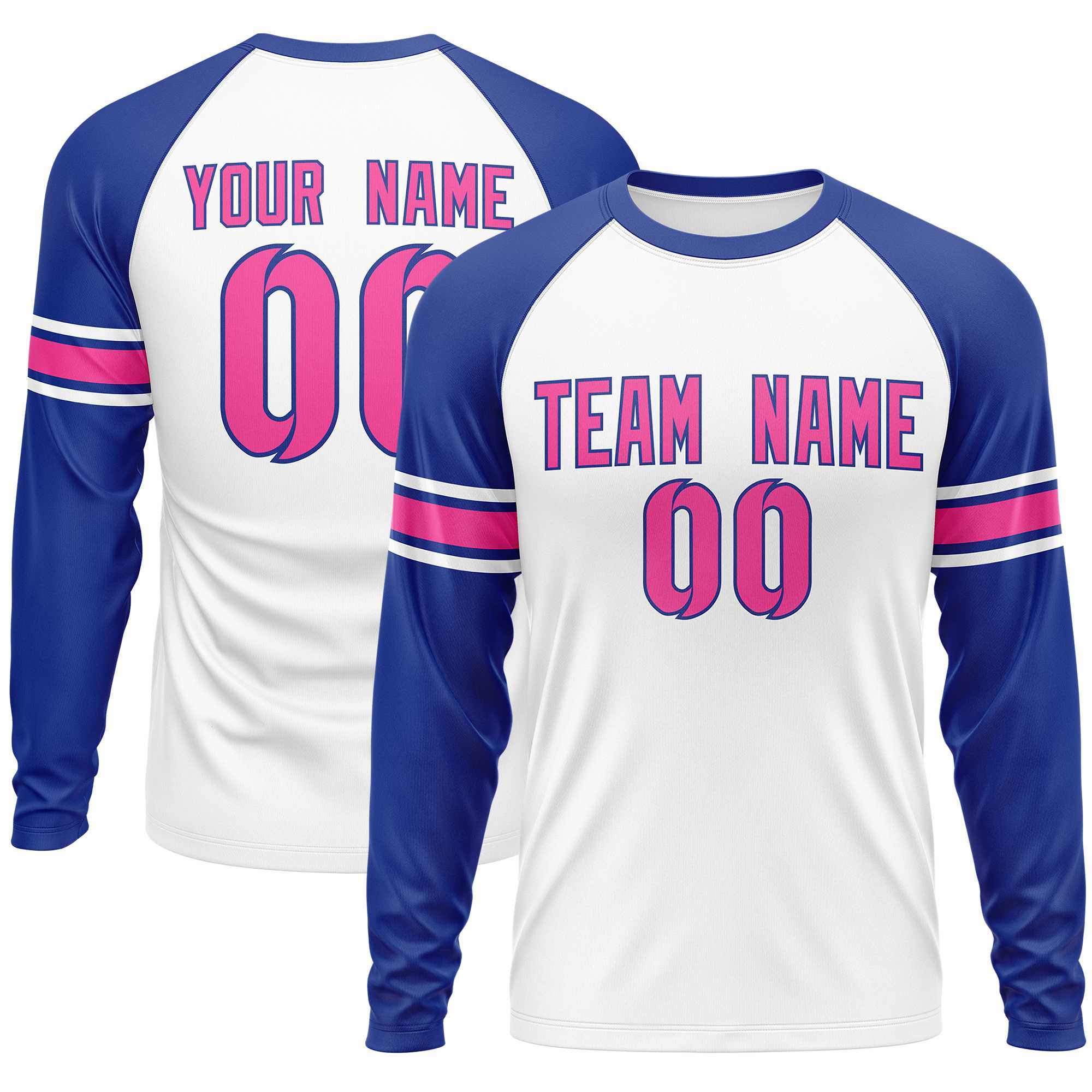 Custom White Royal Pink Crew Neck Personalized Raglan Long Sleeve Performance T-shirt