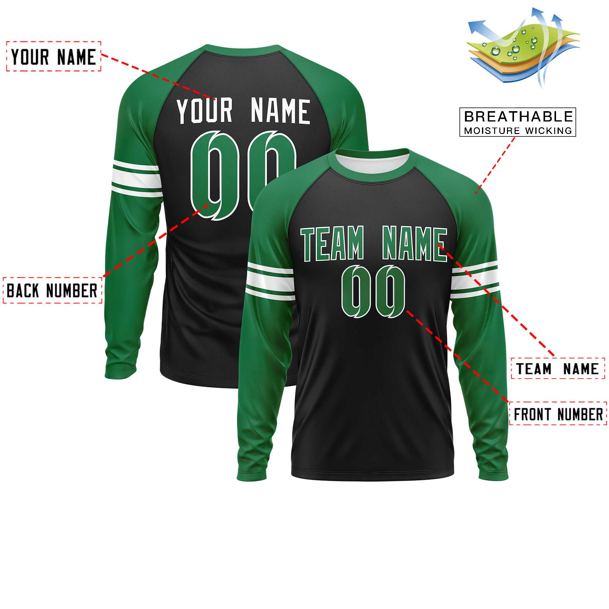 Custom Black Kelly Green White Crew Neck Personalized Raglan Long Sleeve Performance T-shirt