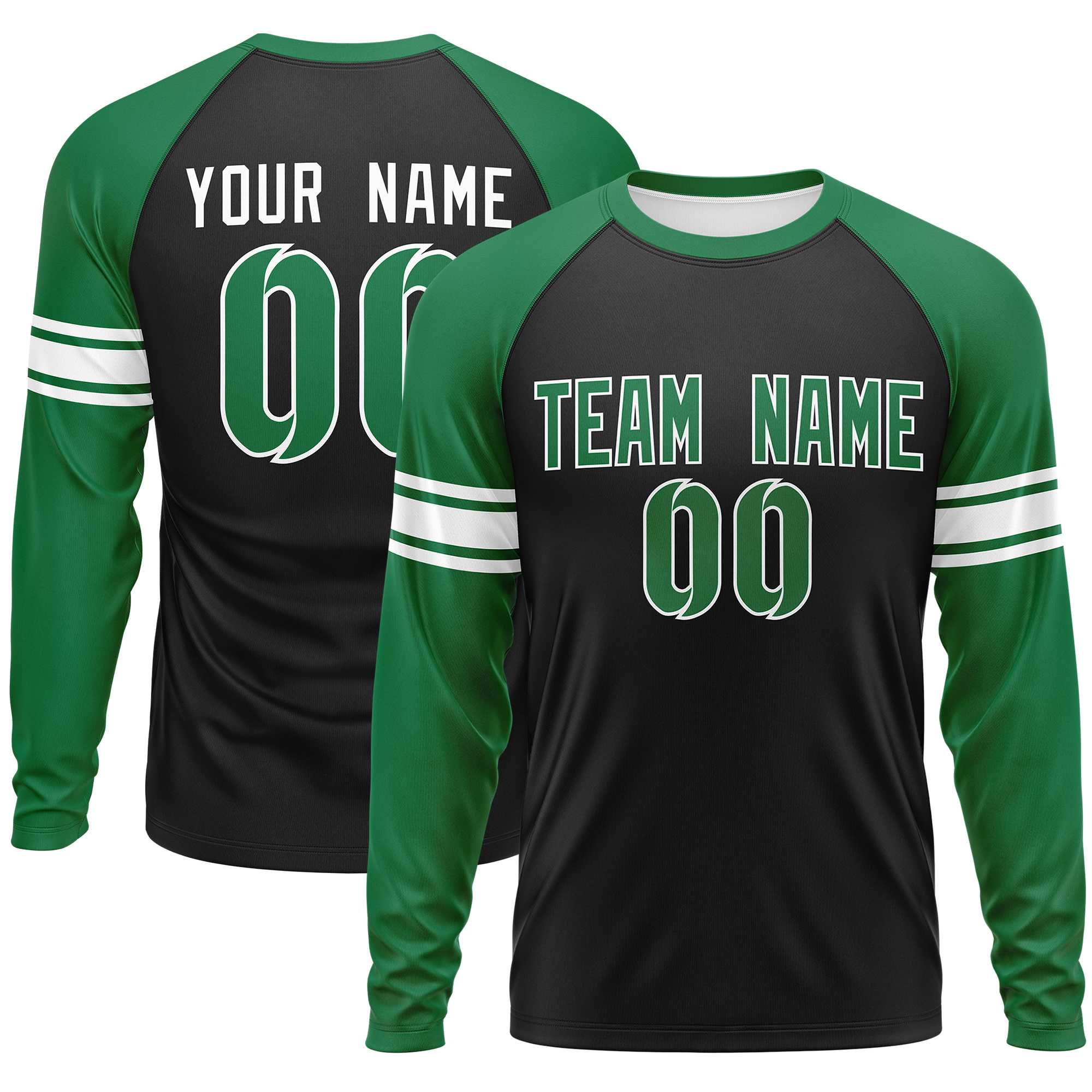 Custom Black Kelly Green White Crew Neck Personalized Raglan Long Sleeve Performance T-shirt