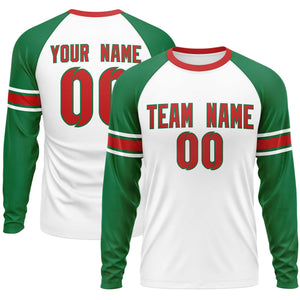 Custom White Kelly Green Red Crew Neck Personalized Raglan Long Sleeve Performance T-shirt