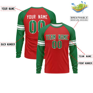 Custom Red Kelly Green White Crew Neck Personalized Raglan Long Sleeve Performance T-shirt