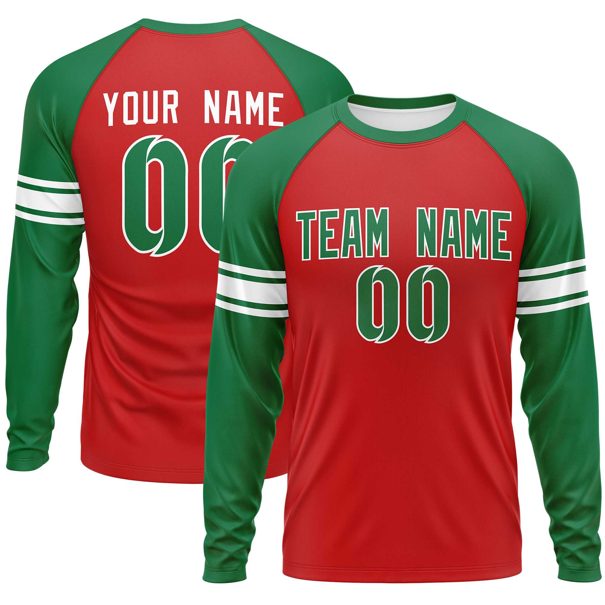 Custom Red Kelly Green White Crew Neck Personalized Raglan Long Sleeve Performance T-shirt