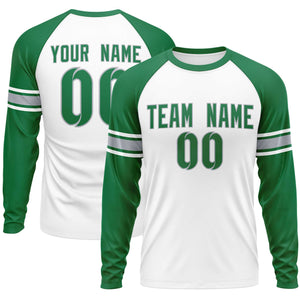 Custom White Kelly Green Gray Crew Neck Personalized Raglan Long Sleeve Performance T-shirt