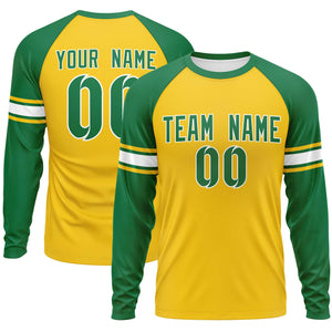 Custom Gold Kelly Green White Crew Neck Personalized Raglan Long Sleeve Performance T-shirt