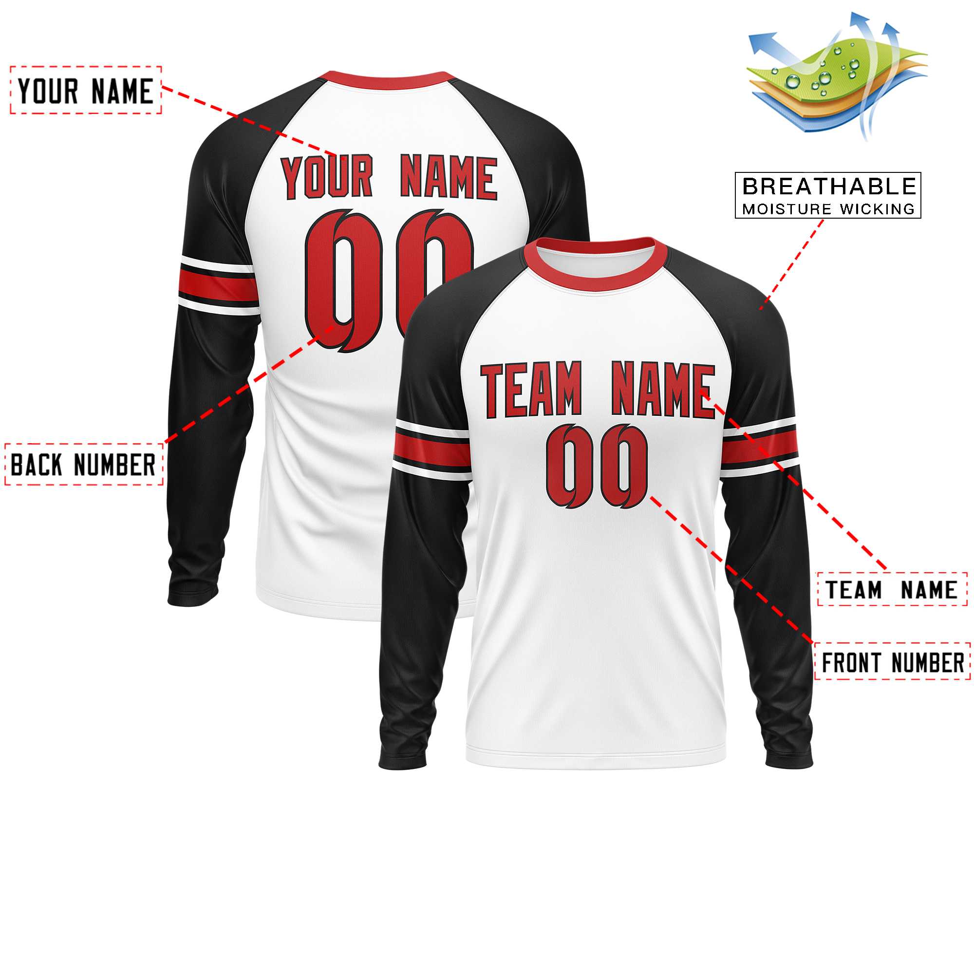 Custom White Black Red Crew Neck Personalized Raglan Long Sleeve Performance T-shirt