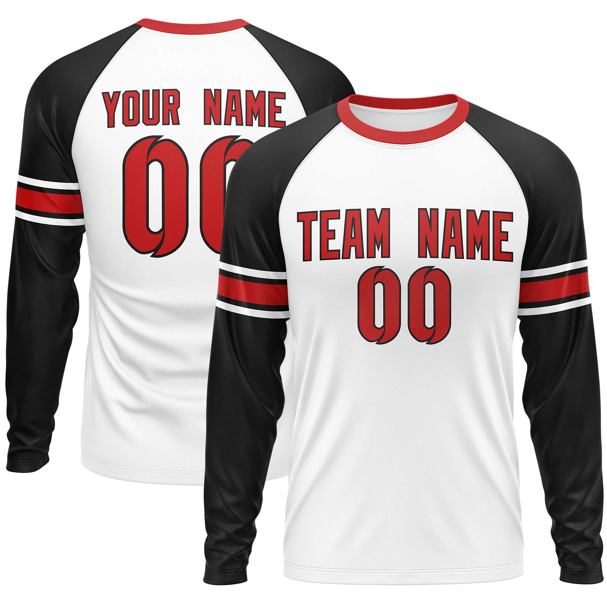 Custom White Black Red Crew Neck Personalized Raglan Long Sleeve Performance T-shirt