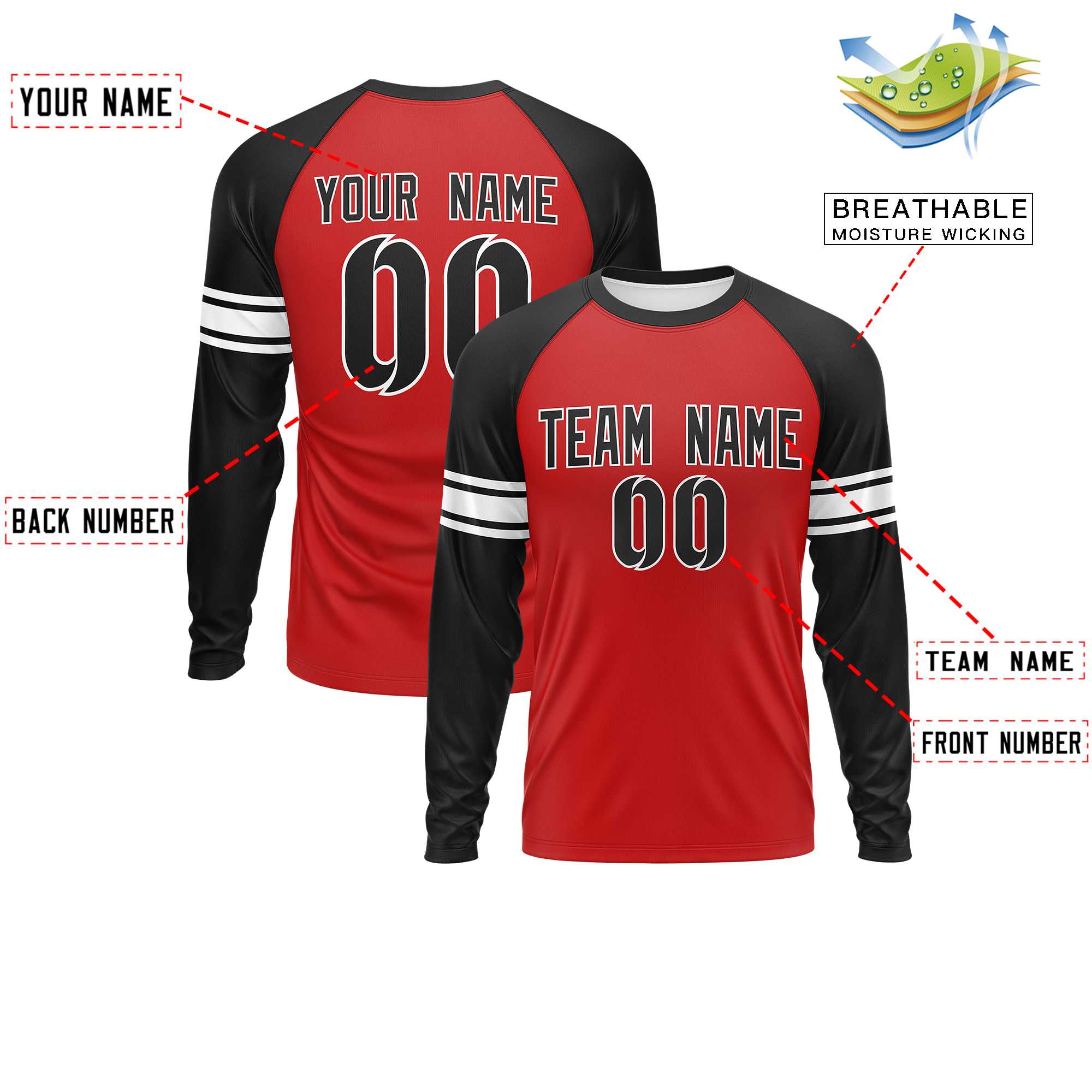 Custom Red Black White Crew Neck Personalized Raglan Long Sleeve Performance T-shirt