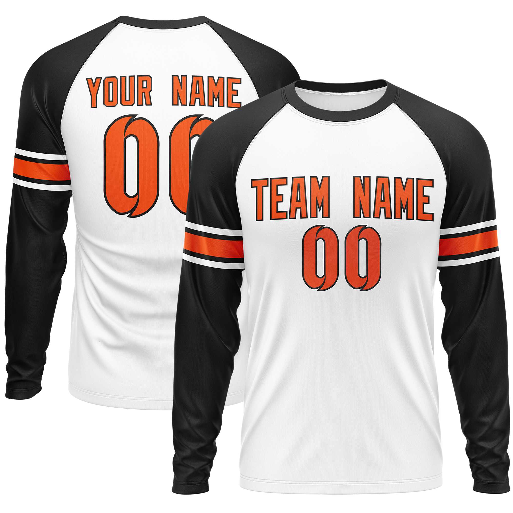 Custom White Black Orange Crew Neck Personalized Raglan Long Sleeve Performance T-shirt