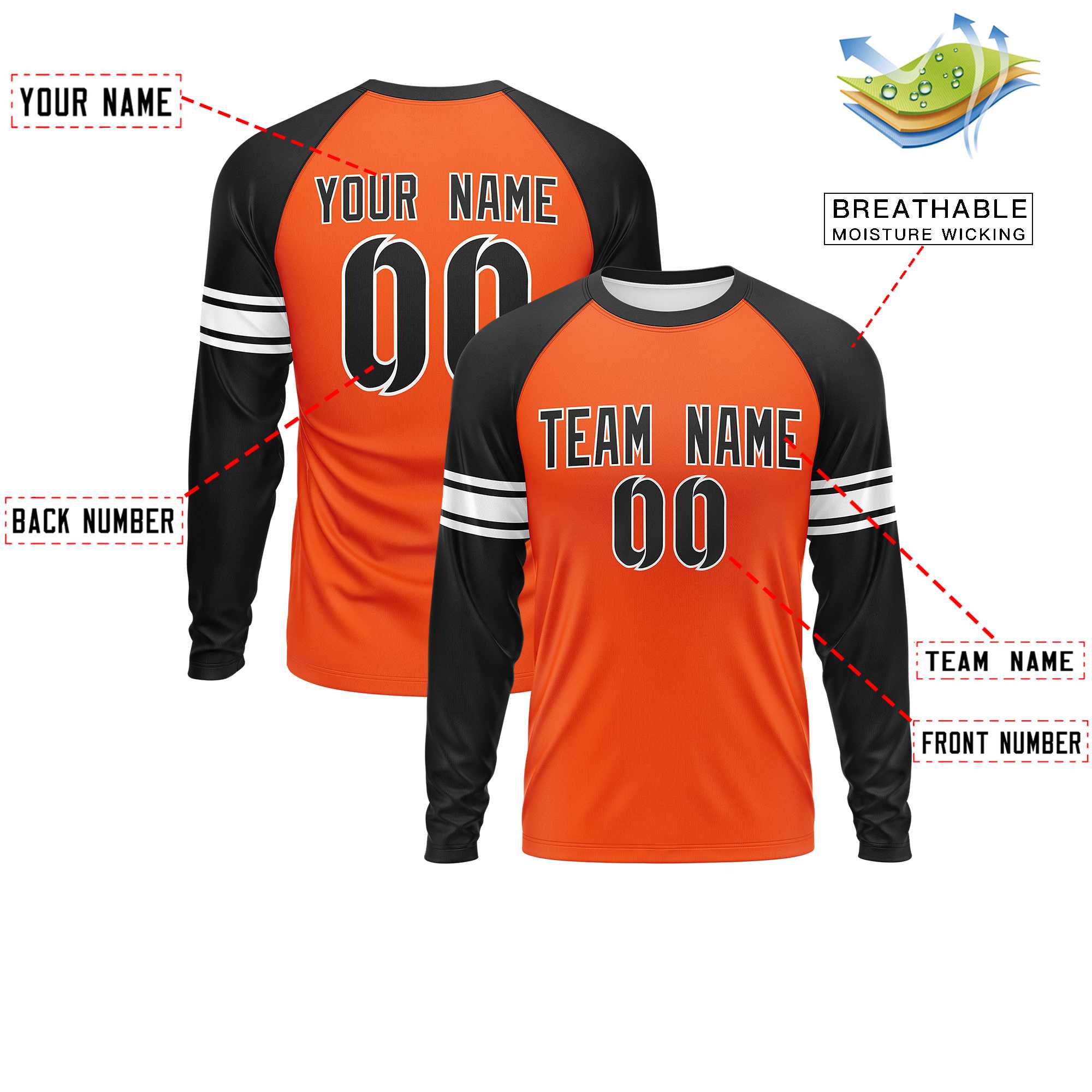 Custom Orange Black White Crew Neck Personalized Raglan Long Sleeve Performance T-shirt