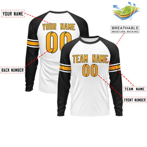 Custom White Black Yellow Crew Neck Personalized Raglan Long Sleeve Performance T-shirt