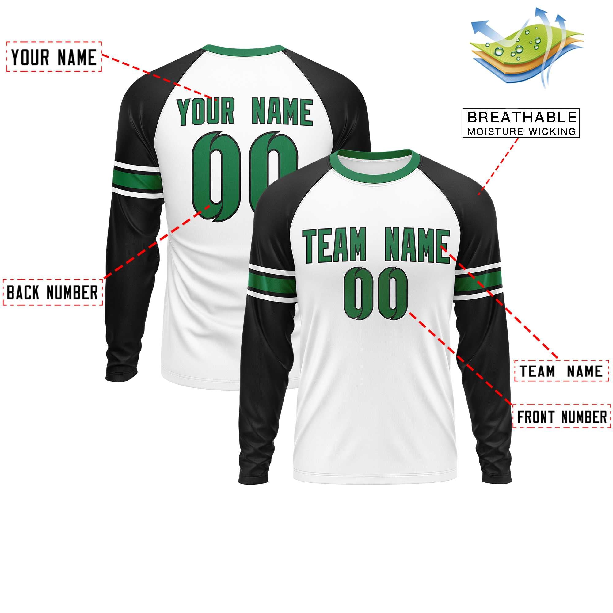 Custom White Black Kelly Green Crew Neck Personalized Raglan Long Sleeve Performance T-shirt