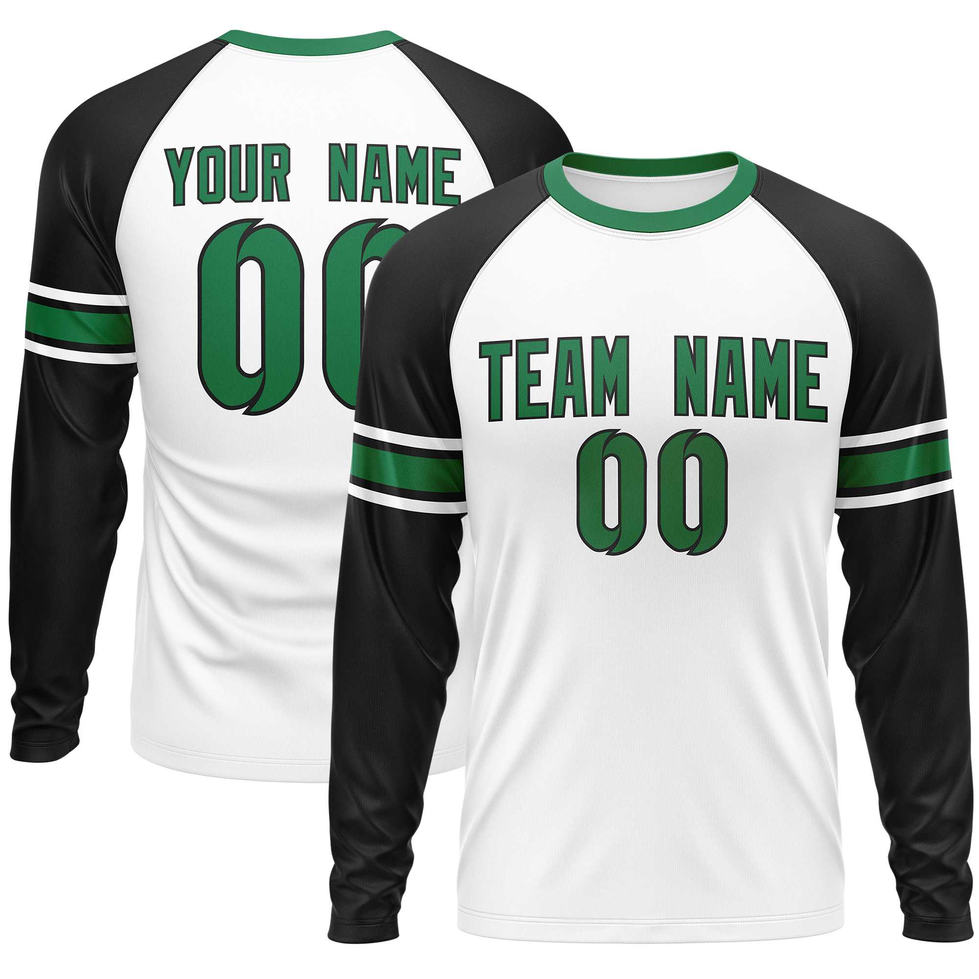 Custom White Black Kelly Green Crew Neck Personalized Raglan Long Sleeve Performance T-shirt