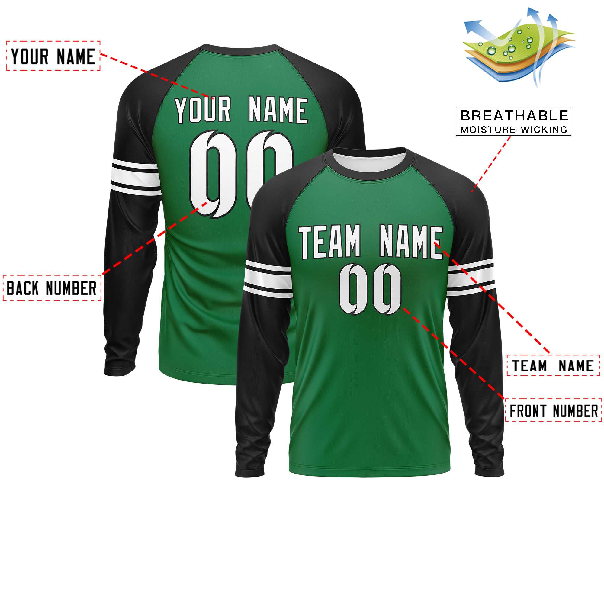 Custom Kelly Green Black White Crew Neck Personalized Raglan Long Sleeve Performance T-shirt